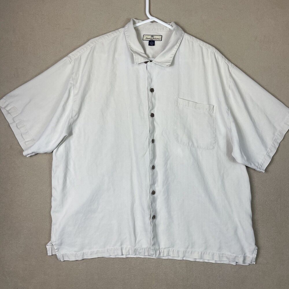 Tommy Bahama Shirt Mens XXL Beige Silk Casual Short Sleeve Preppy Adult